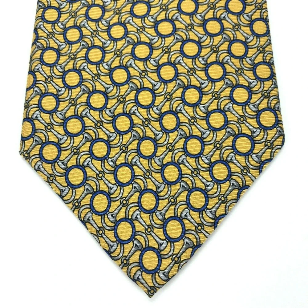 Brooks Basics Pure Silk Yellow Tie Silver Bridle Bits Blue Circles Men's Necktie